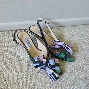 Prada Green And Purple Patterened Bow Kitten Heels Size 35.5